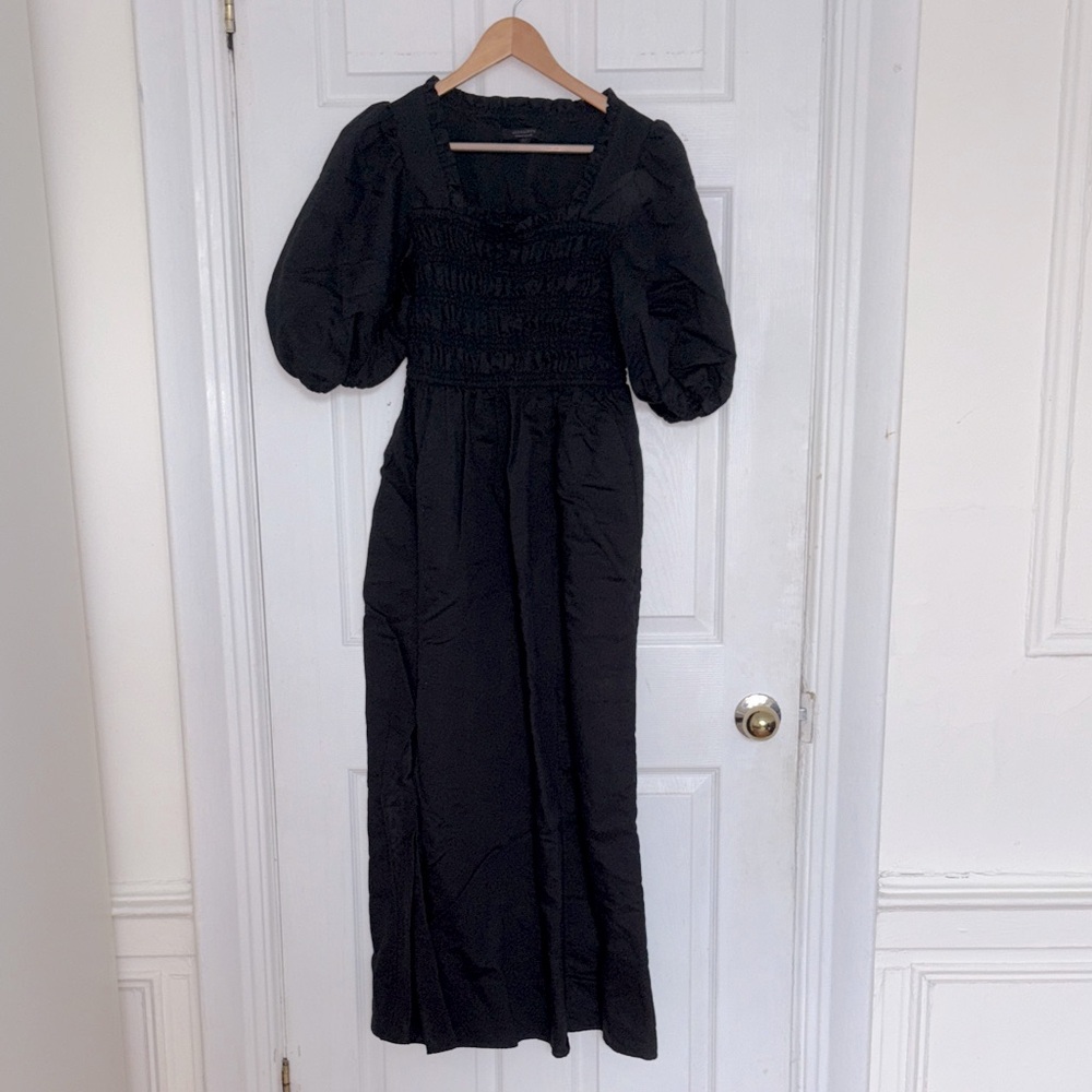 All Saints Black Puff Sleeve Slit Midi Dress
